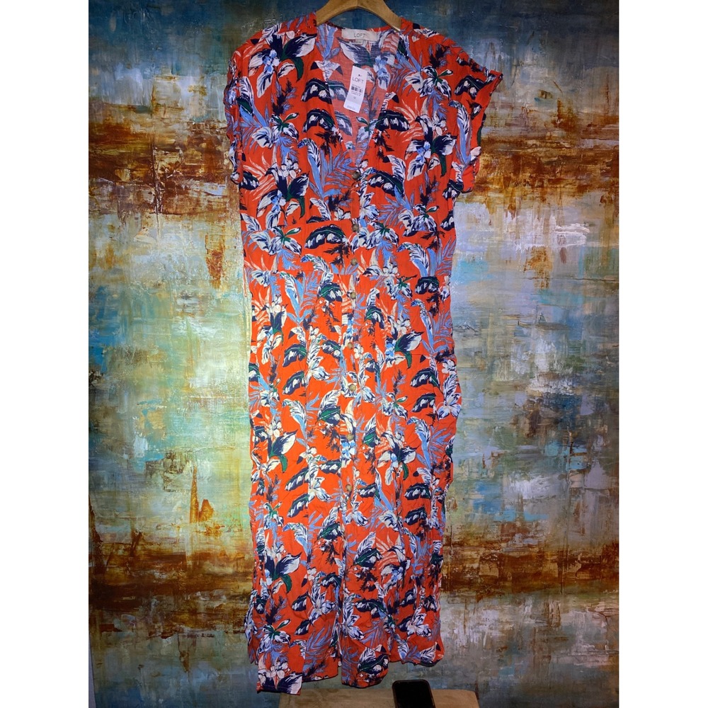 LOFT Orange Tropical Floral Button Front‎ Midi Dress Womens 12 NWT 33178356